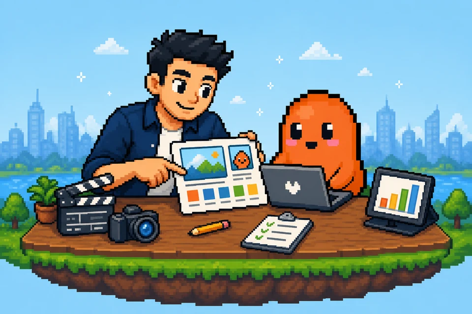 Pixel-art founder and DistroPixel mascot collaborating on creative, strategy, and measurement