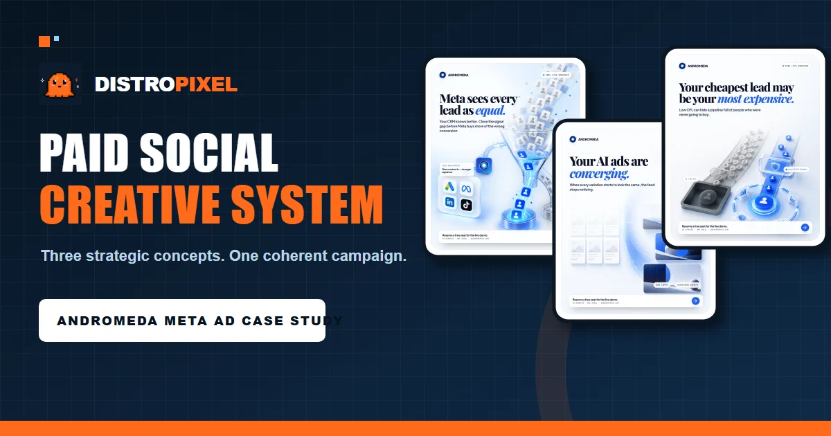 Andromeda paid-social campaign with three static concepts and two vertical videos produced by DistroPixel